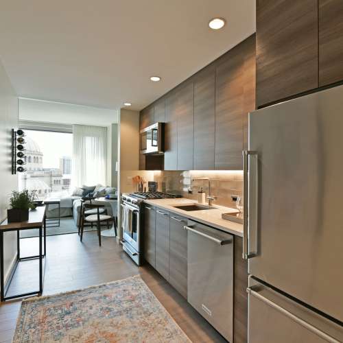 Our exquisite kitchens feature Quartz countertops, Grohe kitchen faucets, and under cabinet lighting.