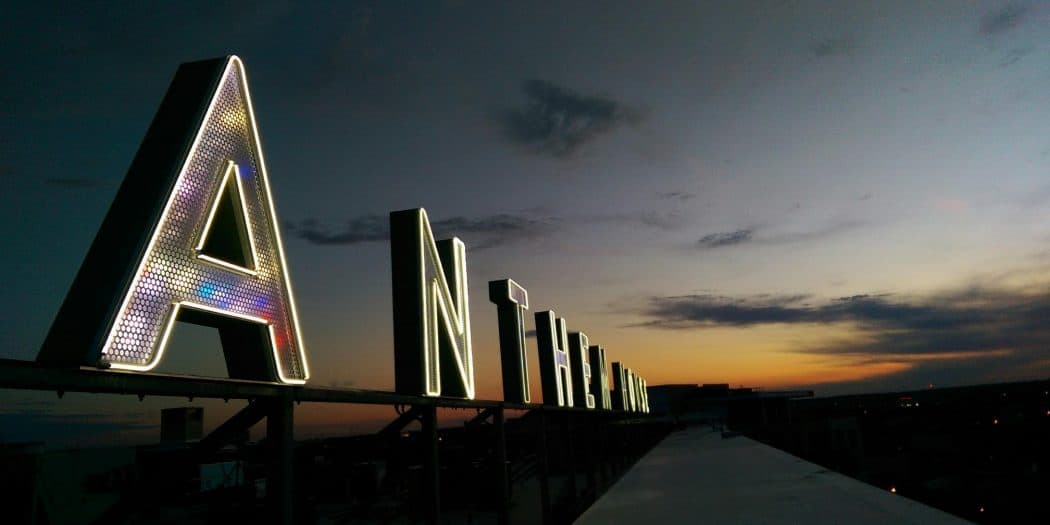 Anthem House luxury apartment big signage amidst the dusky sky in Baltimore, MD.