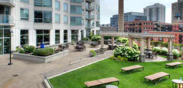 Left Bank Bozzuto Lush Deck With Outdoor Fire Pit And Relaxing Fountain
