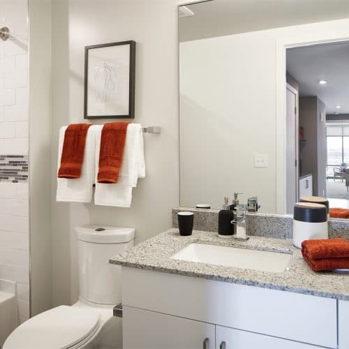 Relaxing baths with luxurious rectangular sink vanities.