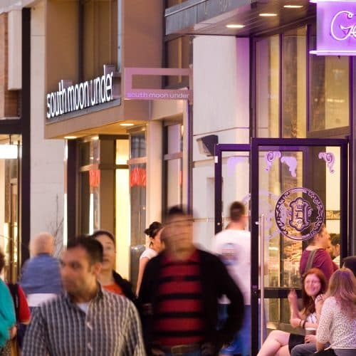 World-class shopping along the streets in Mosaic District. 