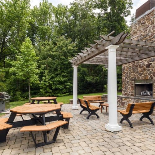 The outdoor fireplace lets you enjoy being outside year-round.