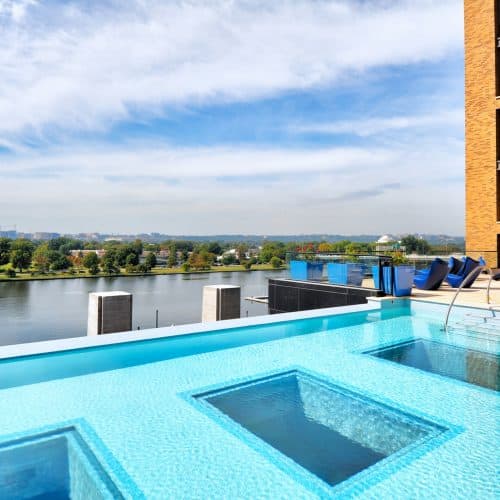 The glass-bottomed pool looks into The Anthem's lobby below