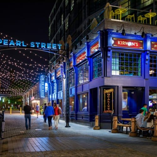 Pearl Street glows at night