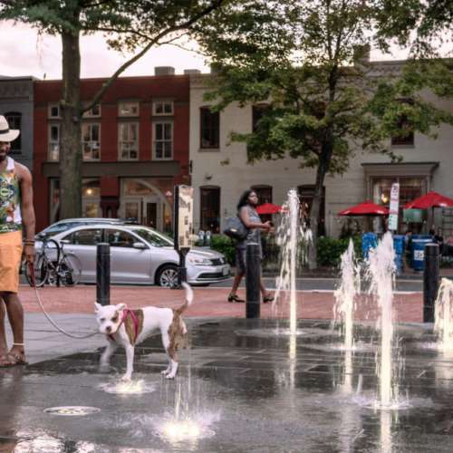 Cool off by our plaza fountains.