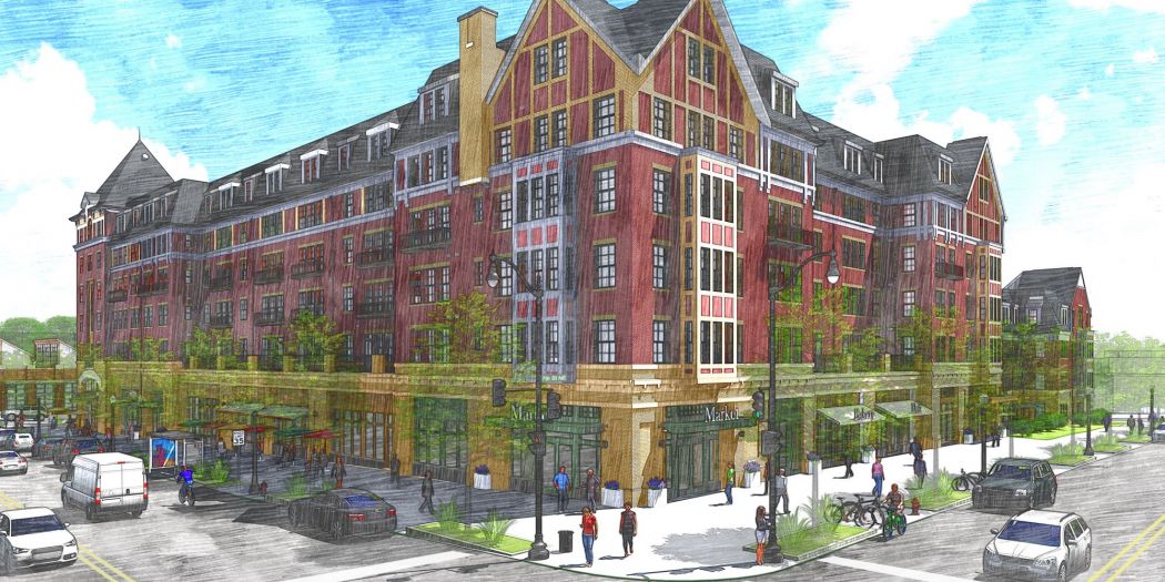 Sketch of an apartment building, showcasing multiple levels and numerous windows.