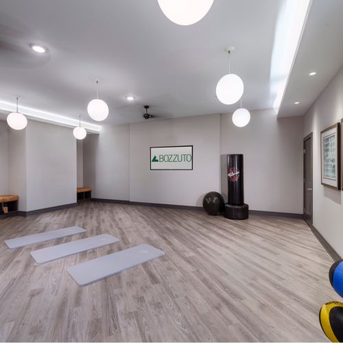 Tranquil yoga room and stretch space.