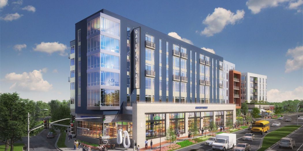 Gateway Flats luxury apartment exterior view in Downtown College Park, MD.