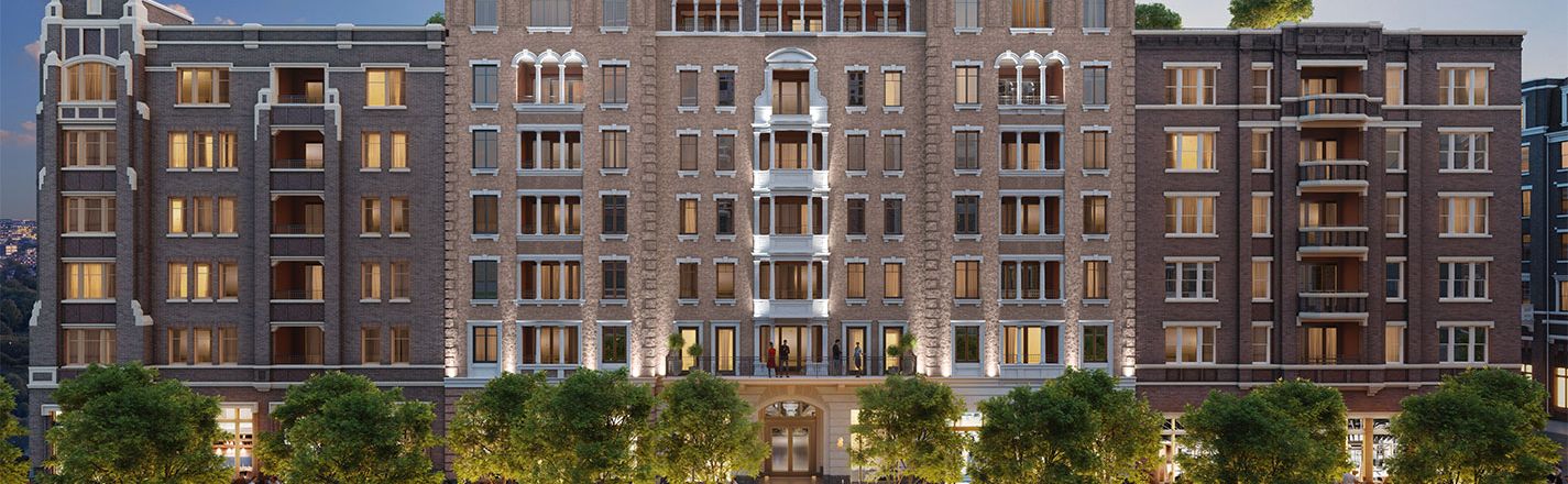 A Bozzuto luxury apartment building view with sleek design and large windows.