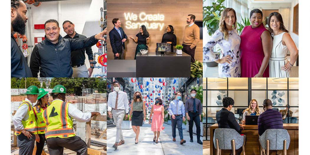 A collage featuring individuals in diverse poses showcasing Bozzuto as a top-ranked workplace by the Washington Post.