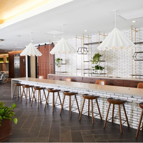 A refined yet approachable community lounge for remote work or socializing