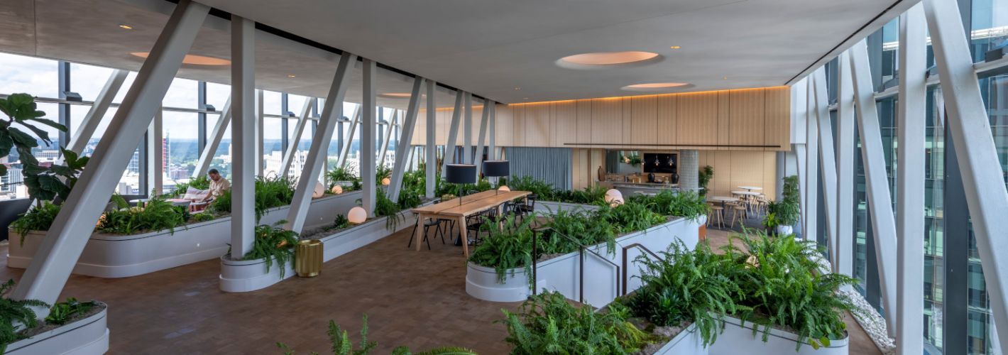 The Elm :  Gather with friends and neighbors over a communal dinner in the Skybridge, complete with a shared kitchen and expansive windows to take in the view.