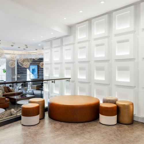 Lavish lobby overlook with copious ottomans to choose from.