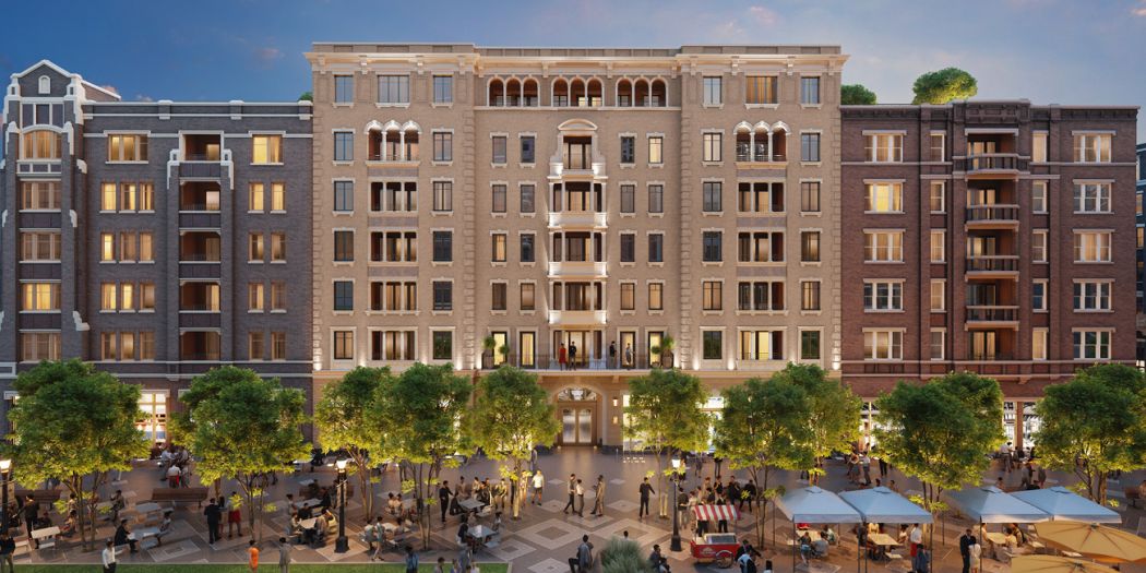 A Bozzuto luxury apartment building view with sleek design and large windows.