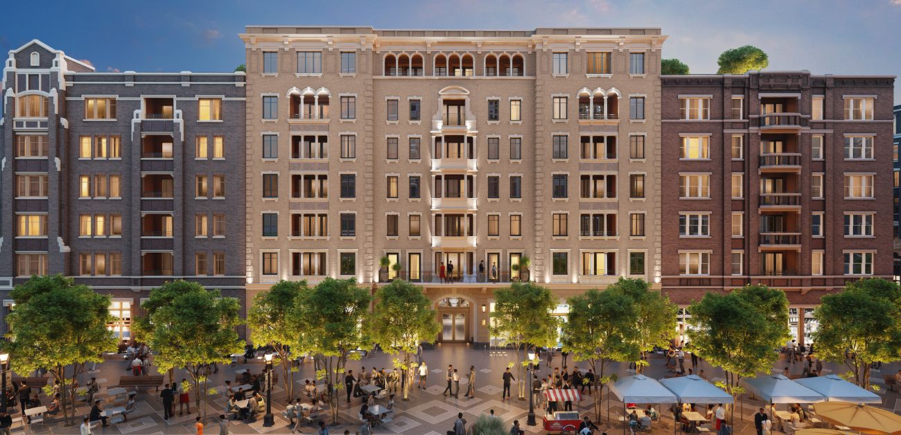 A Bozzuto luxury apartment building view with sleek design and large windows.