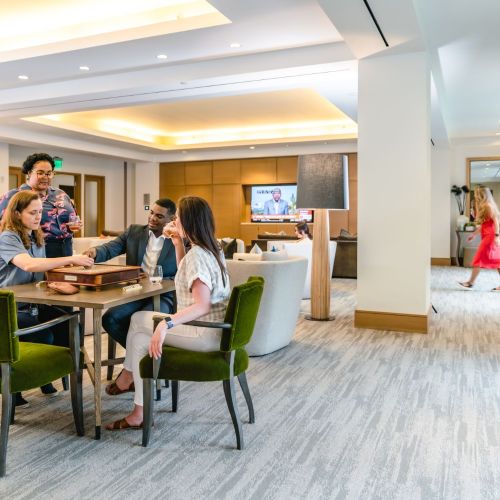 An inviting Club Room to gather with friends or catch a movie