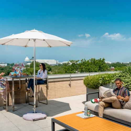 Refined rooftop lounge with views of the Washington Monument, Air Force Memorial and the Basilica