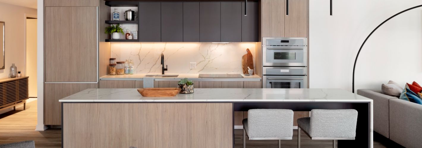City Ridge : Exquisite kitchens featuring Italian cabinets with soft-close feature, under-cabinet LED lighting, quartz countertops, and porcelain tile backsplashes