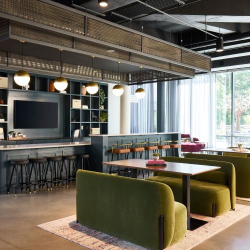 A community coffee bar with cozy seating options