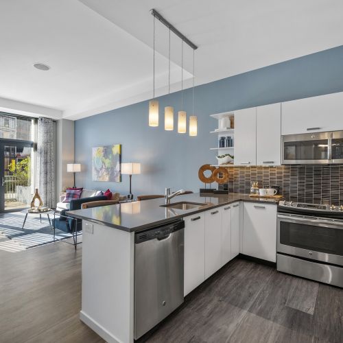 Kitchen and living space in apartments.