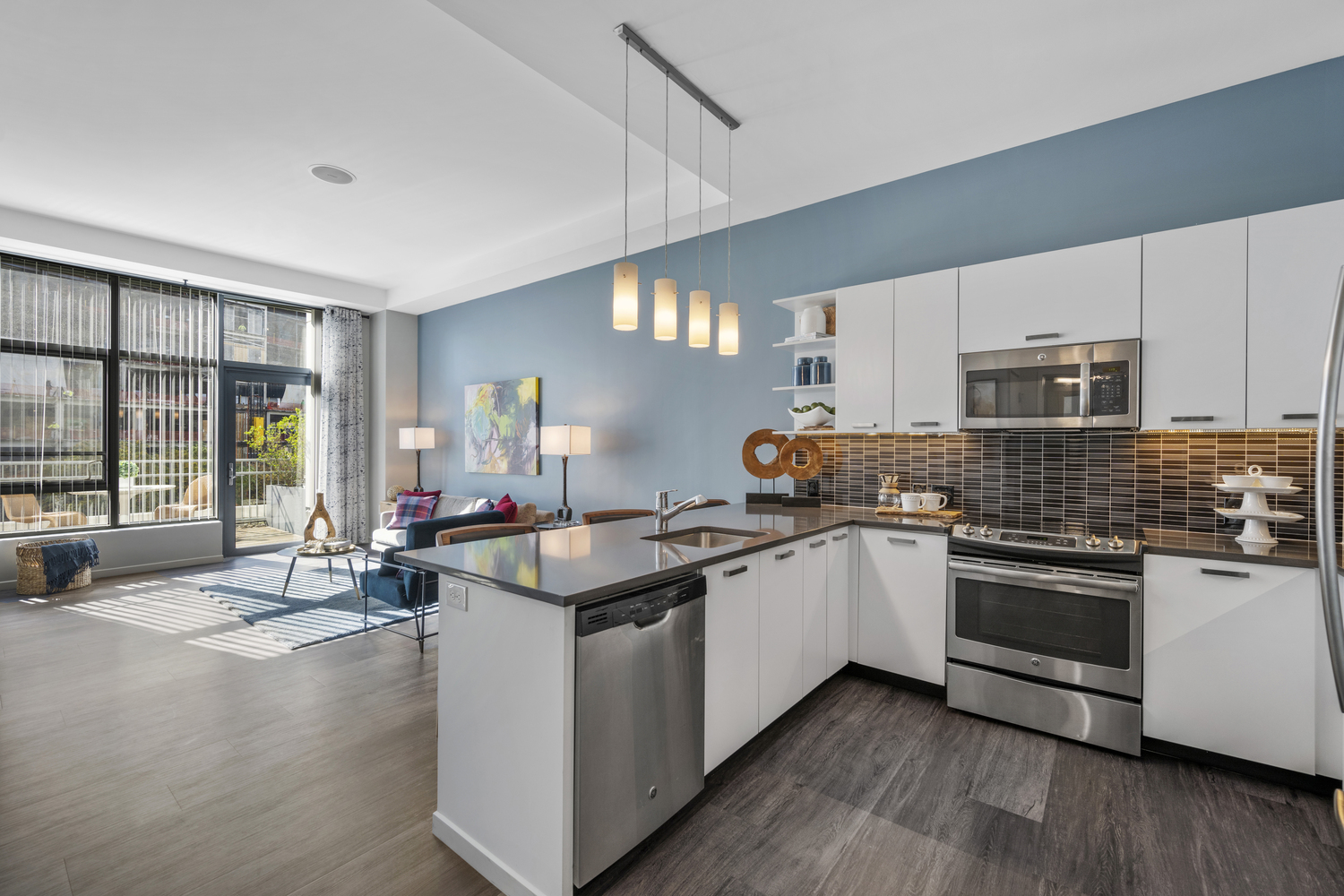 Kitchen and living space in apartments.