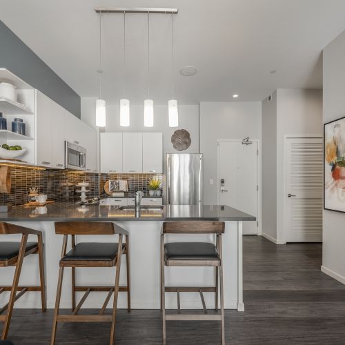 Kitchen and front door view in apartments.