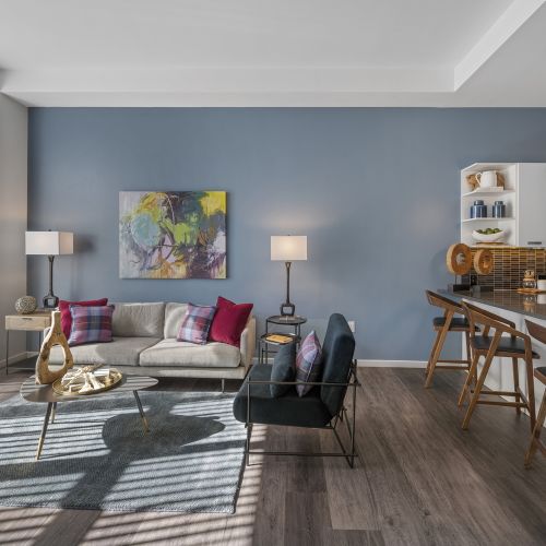 Living space with island in apartments.