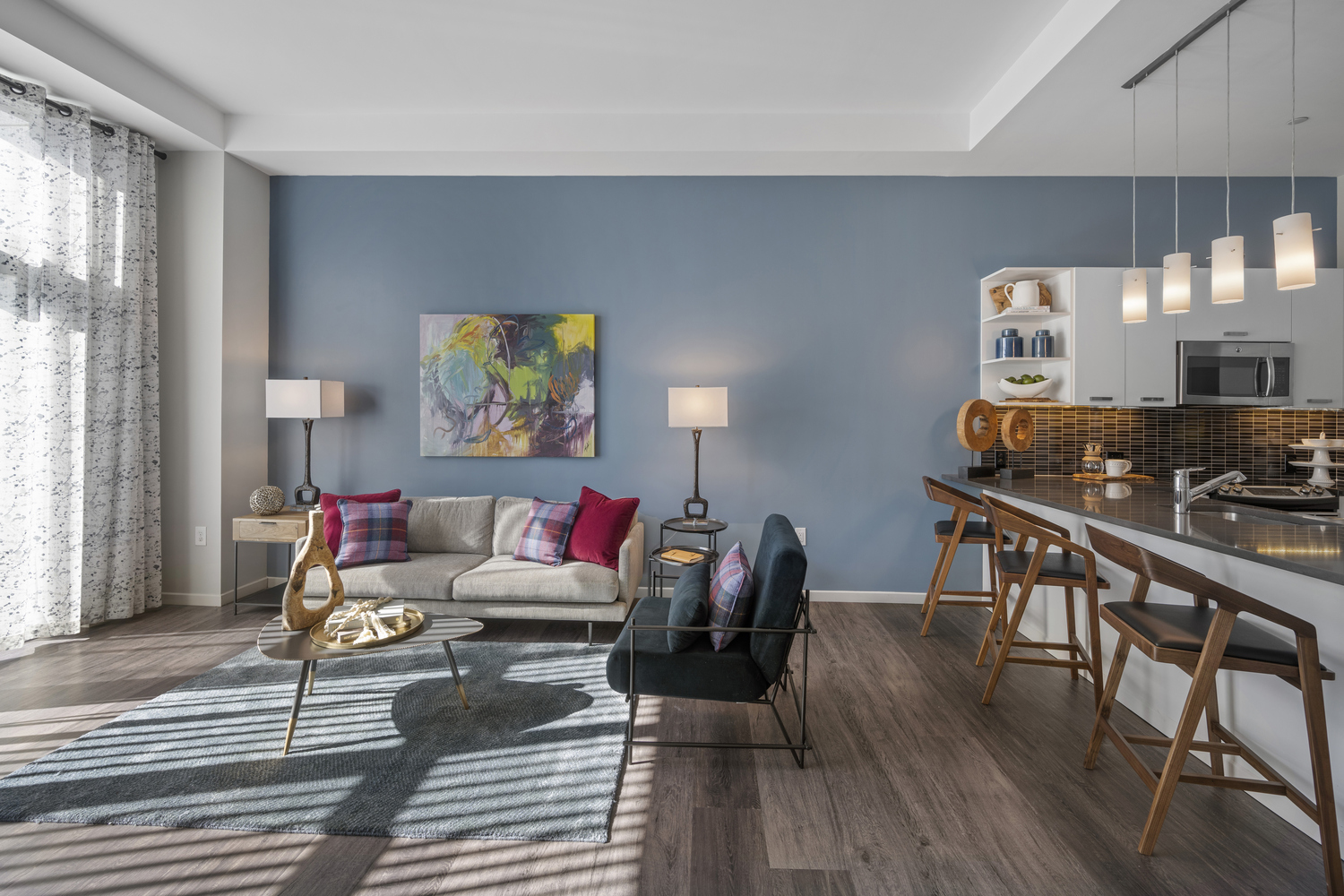 Living space with island in apartments.