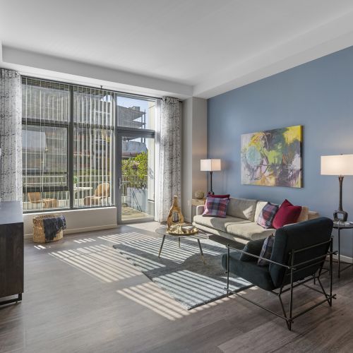 Angled view of living space in apartments.