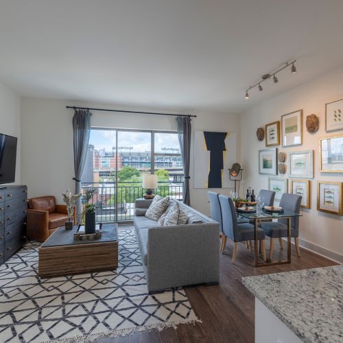 Wood-style flooring in living and dining areas