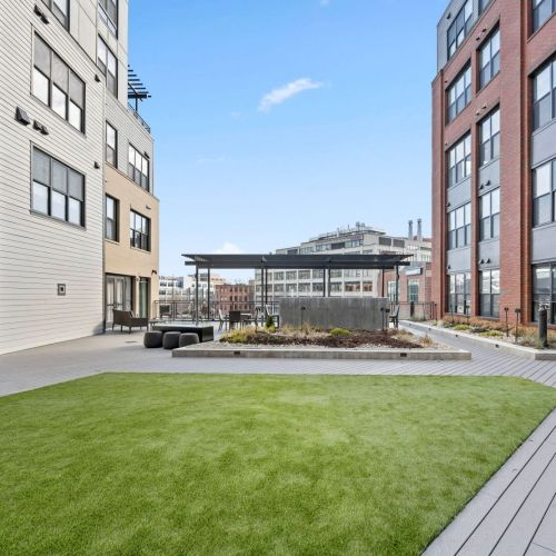 Rooftop courtyard with views of the Providence River