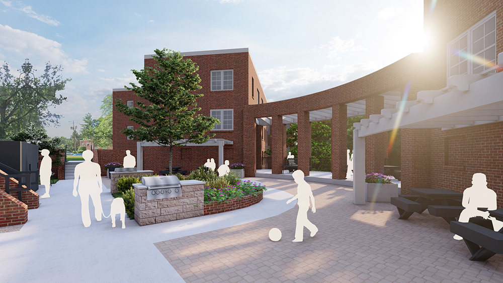 Hillwood Manor luxury apartment courtyard in Montgomery County, MD, with white silhouettes of people.