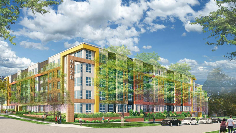 Residences at Forest Glen luxury apartment exterior view in Forest Glen, MD.