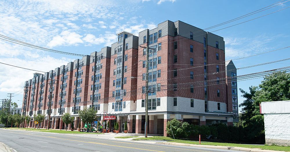 The Nine luxury apartment exterior view in College Park, MD.