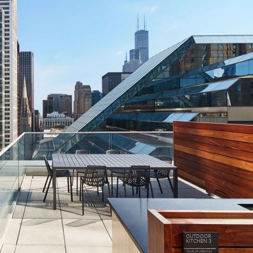The rooftop offers private outdoor kitchens with Weber grills, cooling refrigerators, and built-in sinks