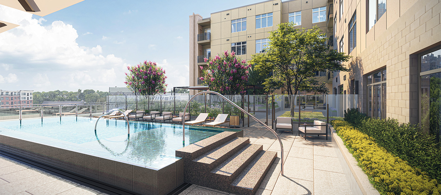 Coulter Place luxury apartment pool area in Main Line Philadelphia, PA.