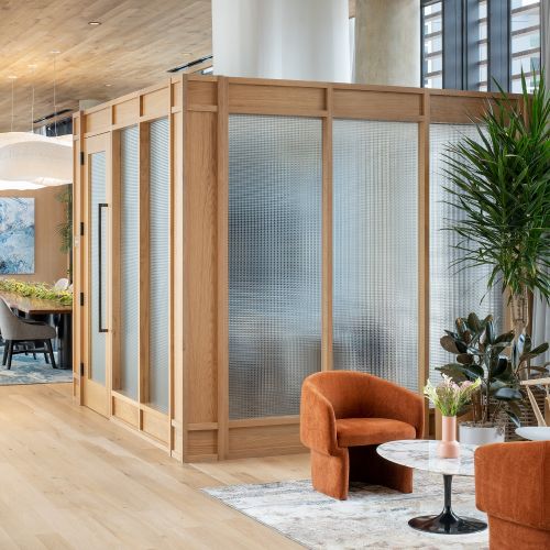 Private coworking spaces within our amenity bridge