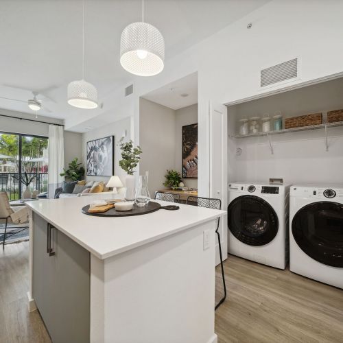 In-unit washer and dryer with built in shelving