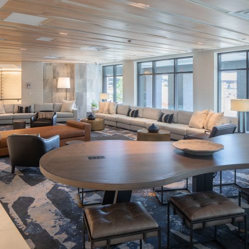 Business center with multiple seating areas	