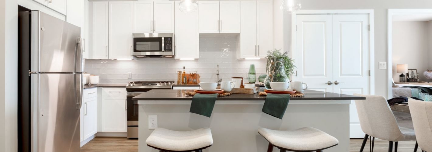 Parkside Providence Town Center : Quartz countertops and large islands with pendant lighting