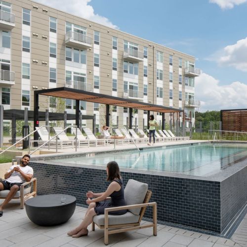 Landscaped pool deck with terraced gardens