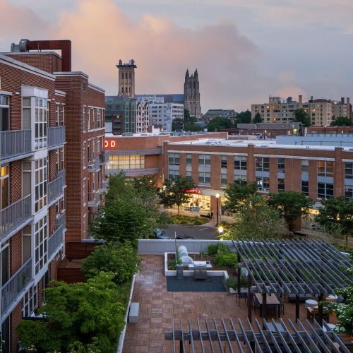 A common residential courtyard provides access to outdoor green space