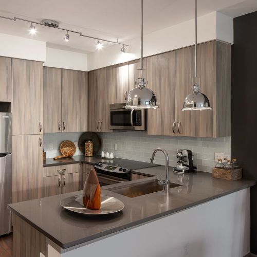 Upscale kitchens featuring sleek gray quartz countertops 