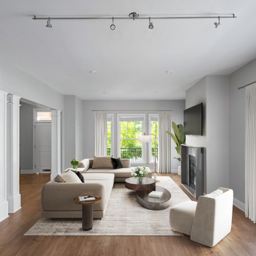 Gas fireplaces with marble and caesarstone finishing in Townhome residences.