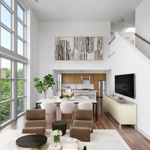 Lofts feature Cambria quartz countertops and white beveled tile backsplashes.