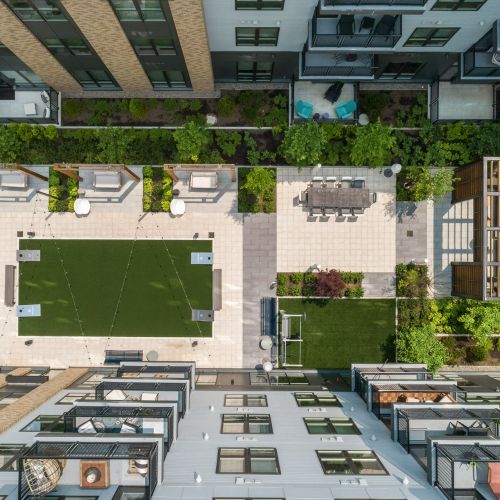 Drone View of Courtyard Cornhole and Lounge 