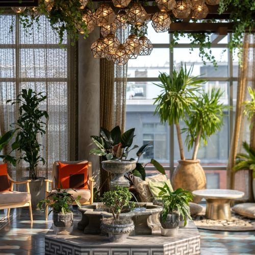 Experience the serenity of our conservatory's lush greenery and cozy seating areas.