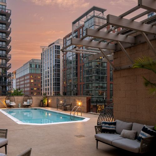 Relax on the pool deck with friends on a cool night. 