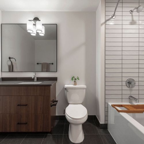 Luxe vanities with ample storage and generously sized soaking tubs are the standard  