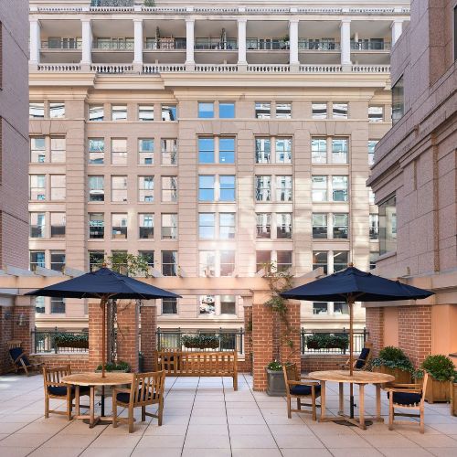 The shaded outdoor patio seating is perfect to sit ad chat with family and friends.